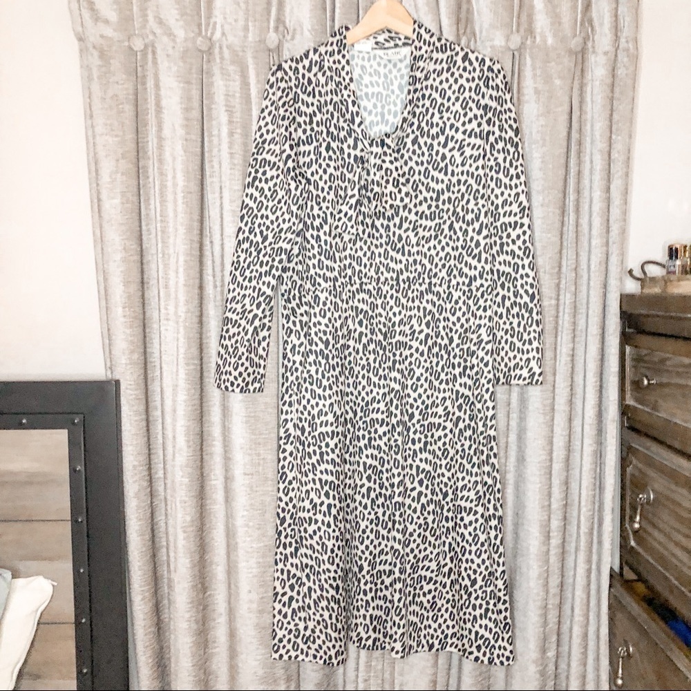 Vintage Blair Cream Leopard Print Cinched Waist Tie Neck Dress Size 12